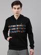 Men's Black Front Open Hoodie Sweatshirt with Placed Print and Branding Detail