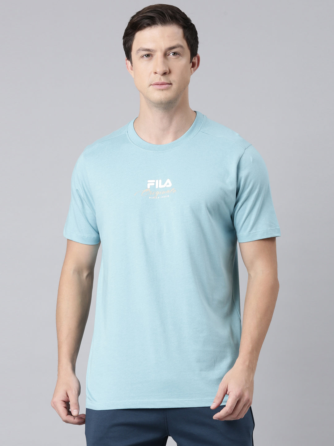 Fila Men Turquoise Blue Round Neck T-Shirts Regular Fit