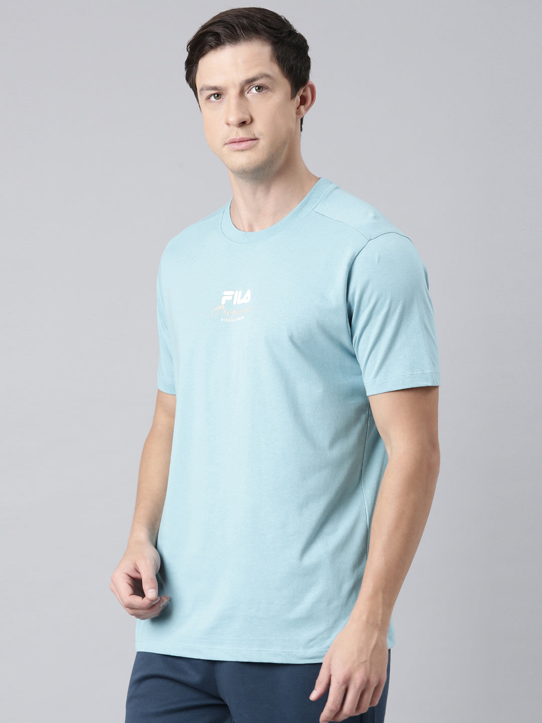 Fila Men Turquoise Blue Round Neck T-Shirts Regular Fit