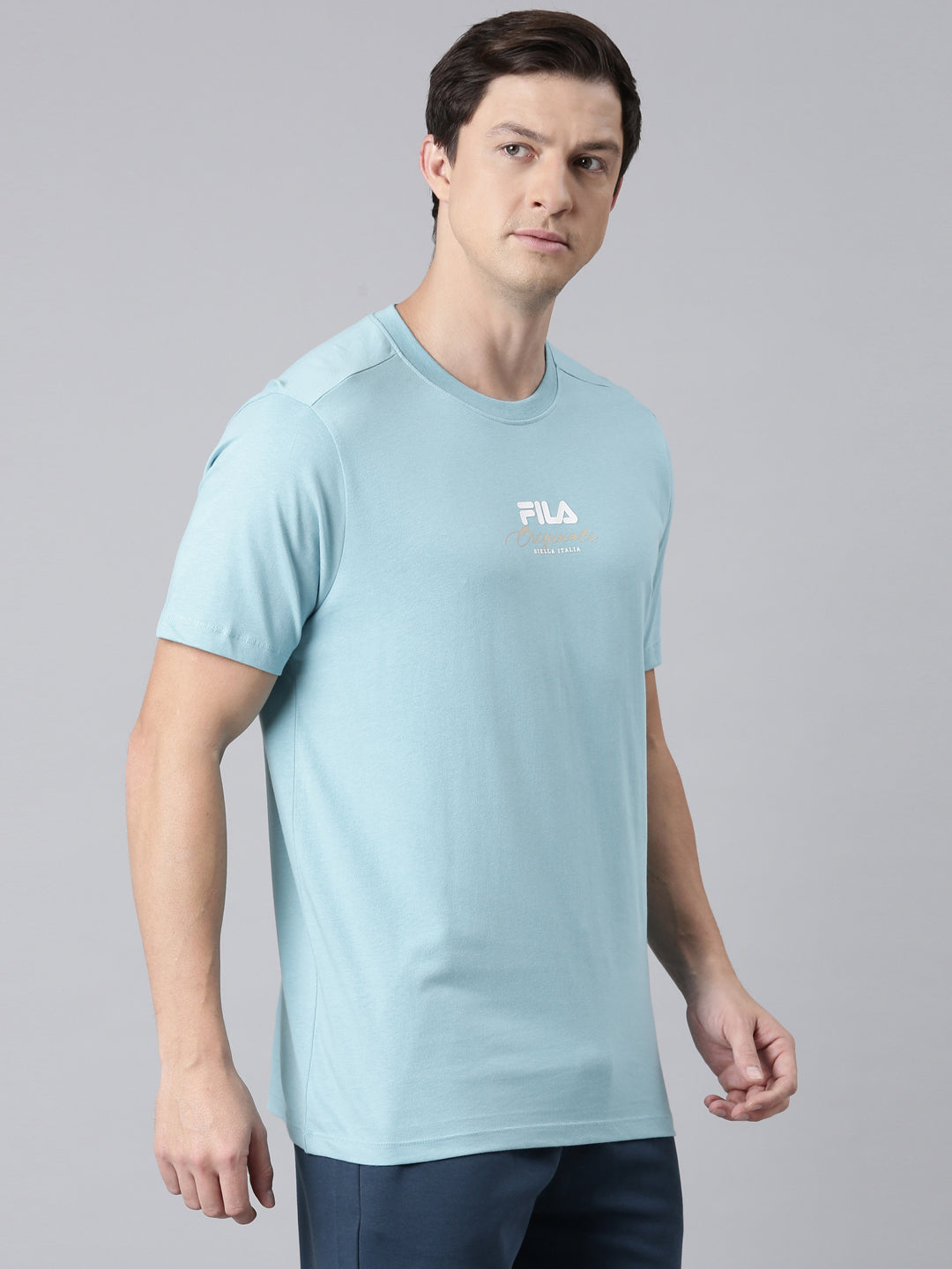 Fila Men Turquoise Blue Round Neck T-Shirts Regular Fit