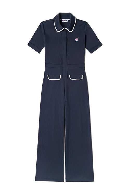 Fila Peacoat Jumpsuit With Flared Leg, Frontal Zip And Contrast Binding