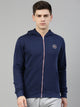 Men's Dark BlueFront Open Hoodie Sweatshirt with Zipper and Branding Detail