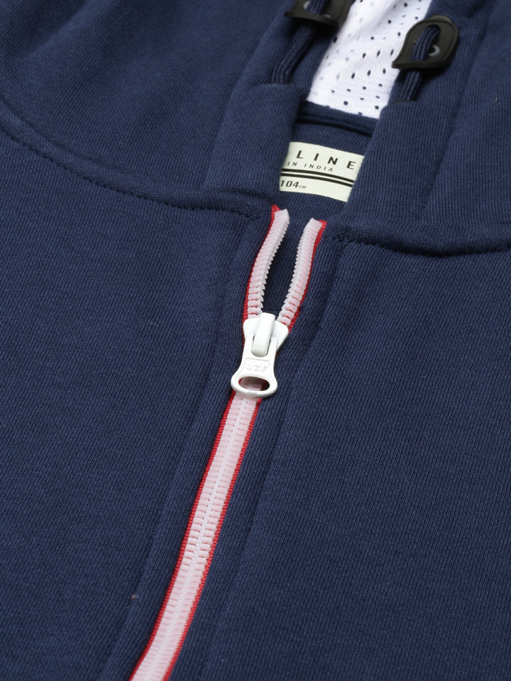 Men's Dark BlueFront Open Hoodie Sweatshirt with Zipper and Branding Detail