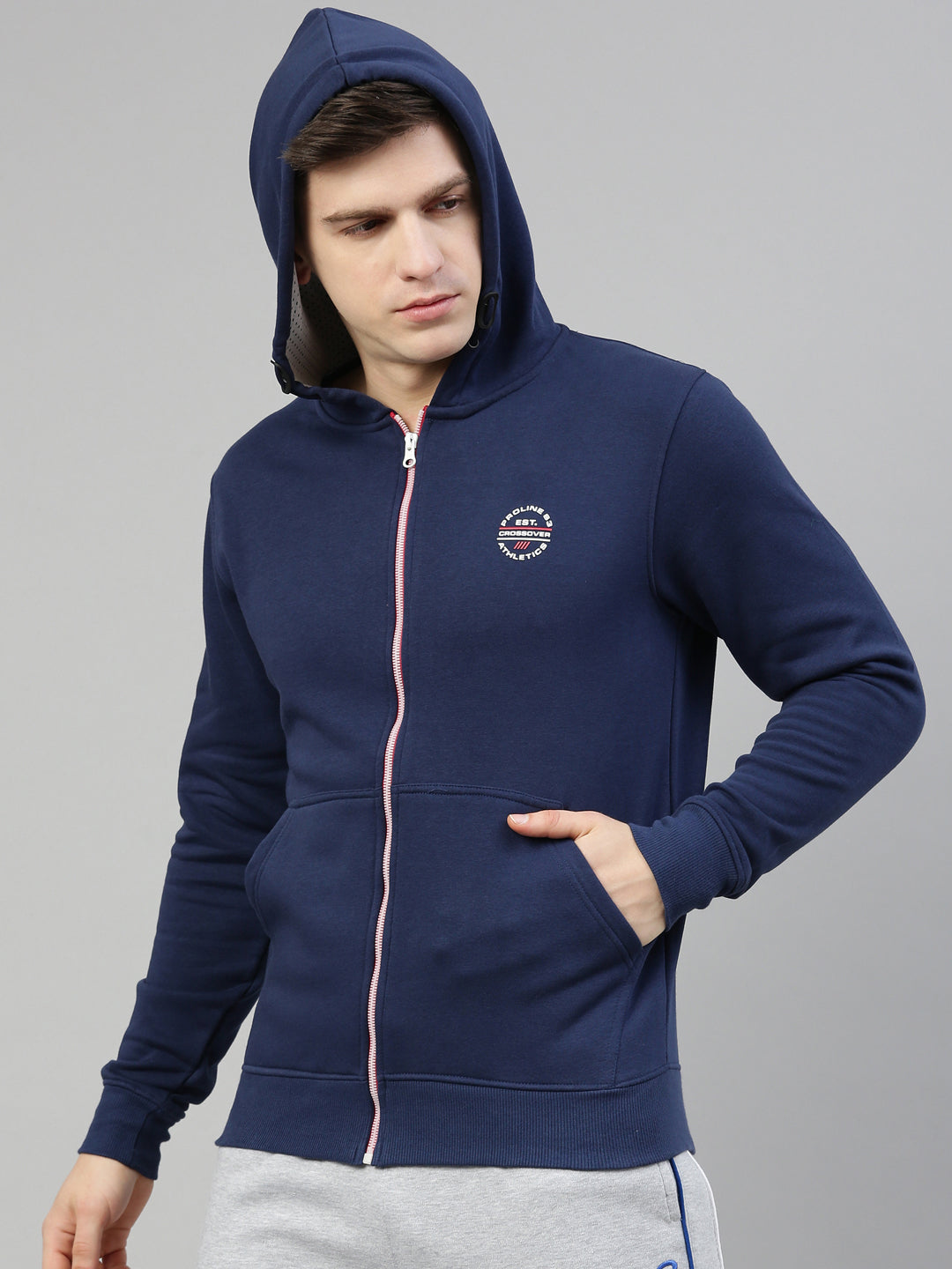 Men's Dark BlueFront Open Hoodie Sweatshirt with Zipper and Branding Detail