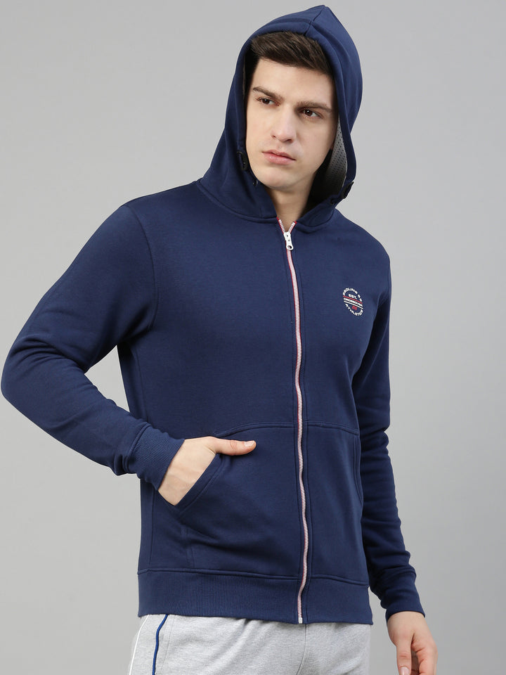 Men's Dark BlueFront Open Hoodie Sweatshirt with Zipper and Branding Detail