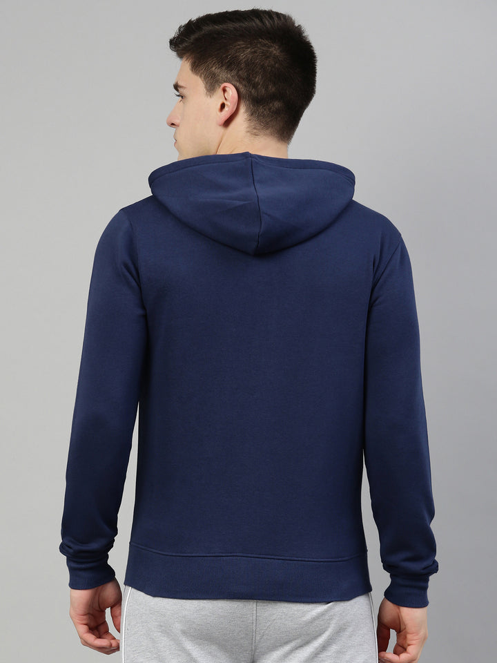 Men's Dark BlueFront Open Hoodie Sweatshirt with Zipper and Branding Detail