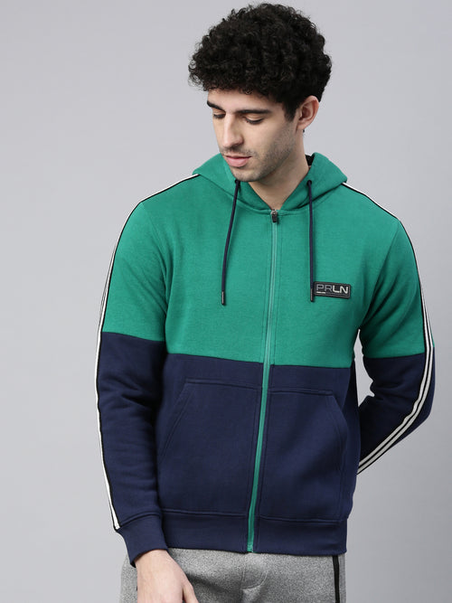 Men's Olive Front Open Hoodie Sweatshirt with Cut and Sew, Knit Tape and Branding Detail