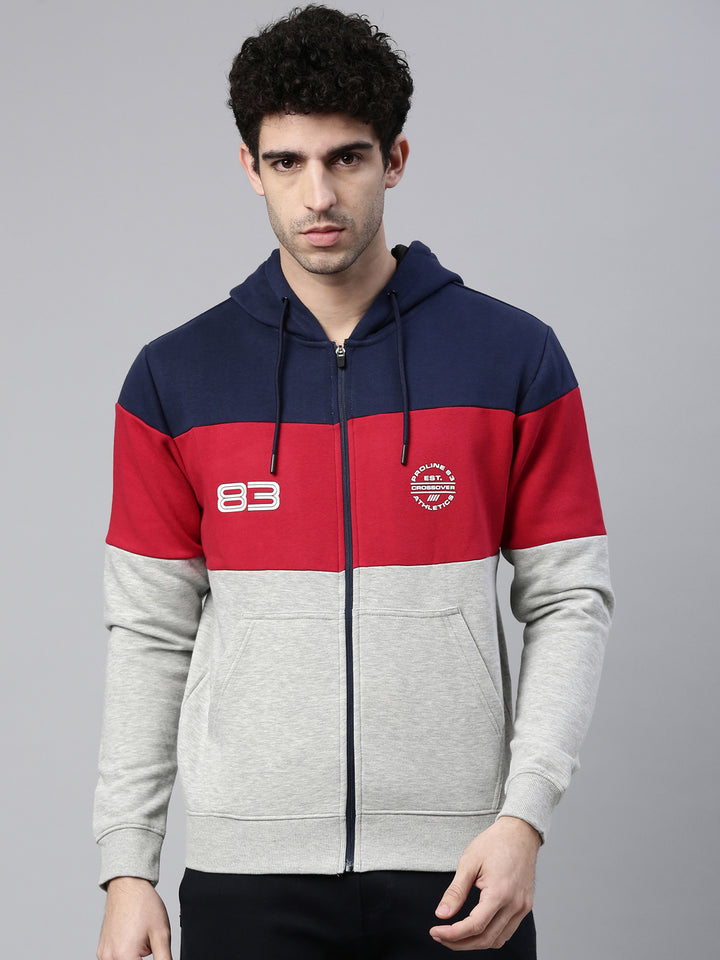 Men's Grey Front Open Hoodie Sweatshirt with Cut and Sew and Branding Detail