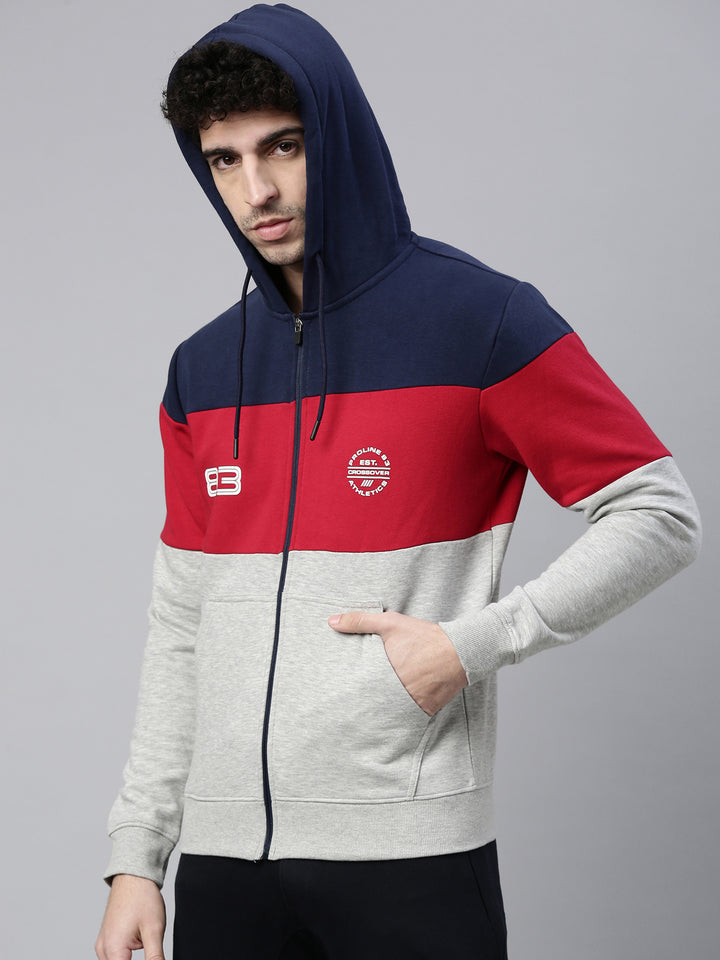 Men's Grey Front Open Hoodie Sweatshirt with Cut and Sew and Branding Detail