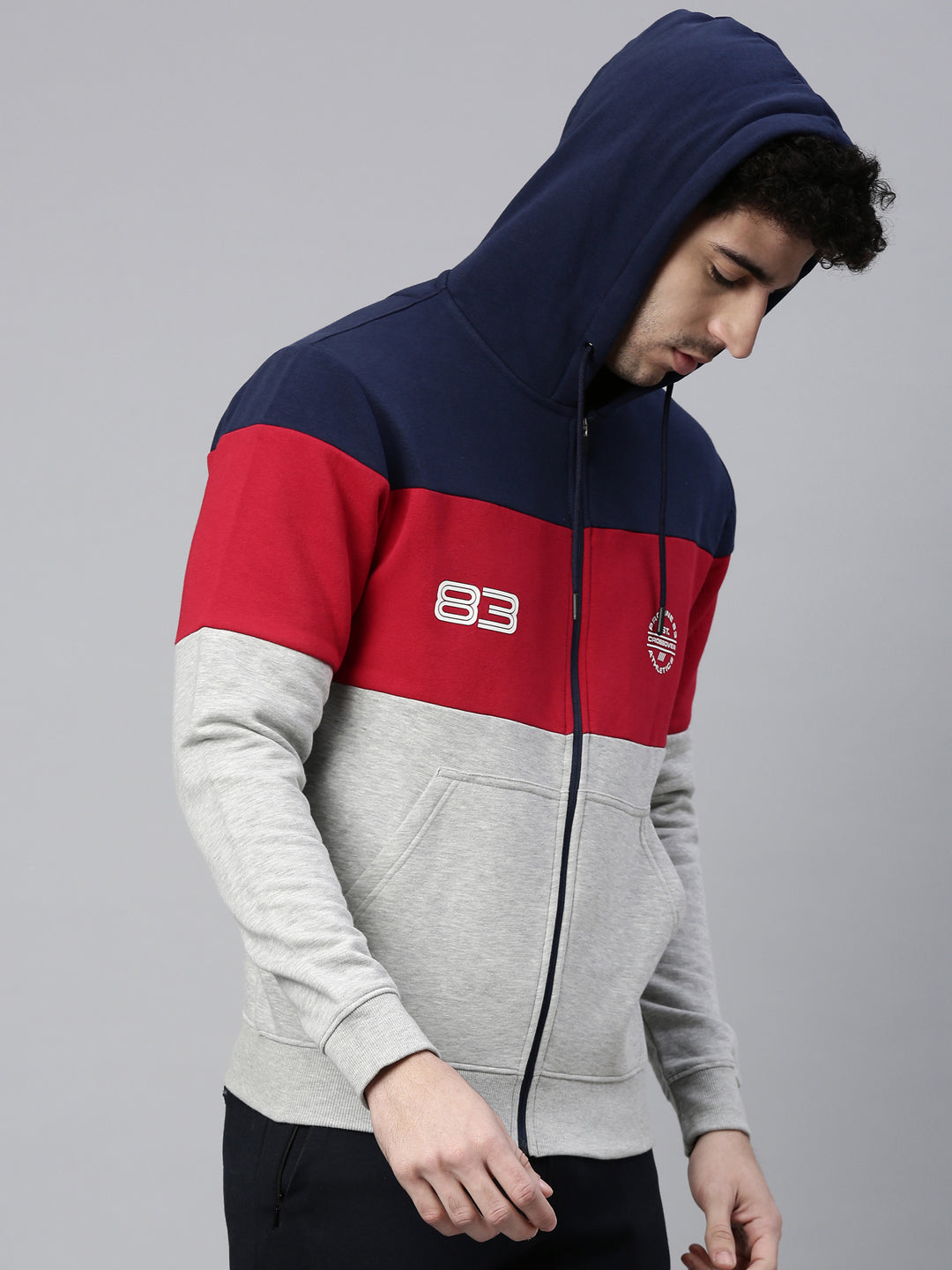 Men's Grey Front Open Hoodie Sweatshirt with Cut and Sew and Branding Detail