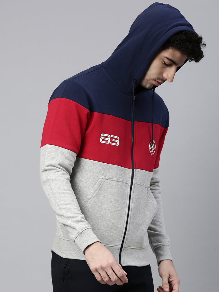 Men's Grey Front Open Hoodie Sweatshirt with Cut and Sew and Branding Detail