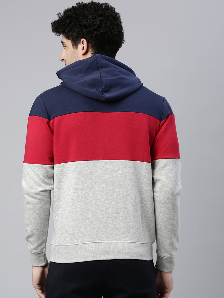 Men's Grey Front Open Hoodie Sweatshirt with Cut and Sew and Branding Detail