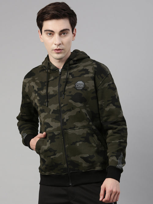 Men's Olive Front Open Hoodie Sweatshirt with All Over Print and Placed Sleeve Print and Branding Detail