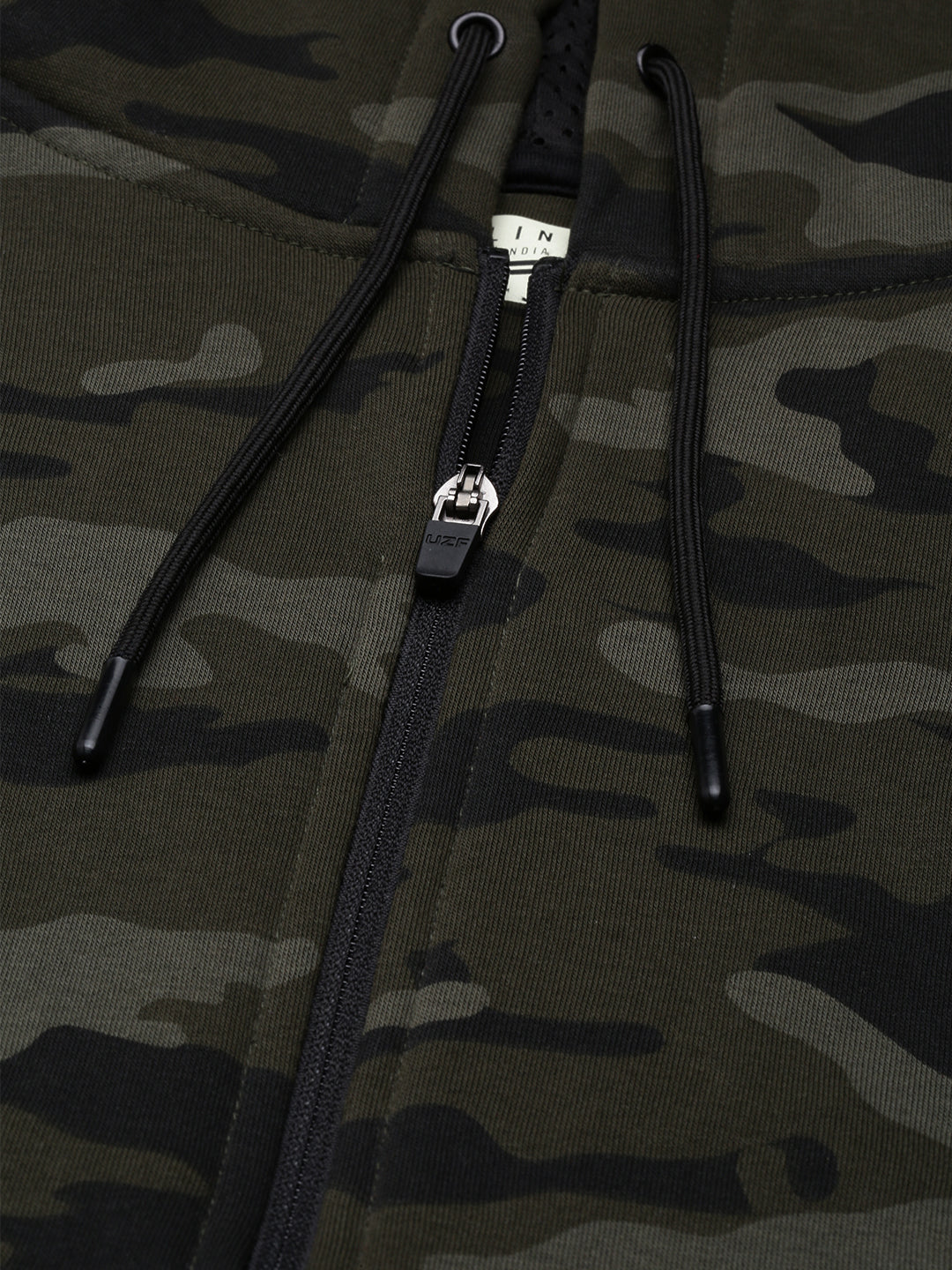 Men's Olive Front Open Hoodie Sweatshirt with All Over Print and Placed Sleeve Print and Branding Detail