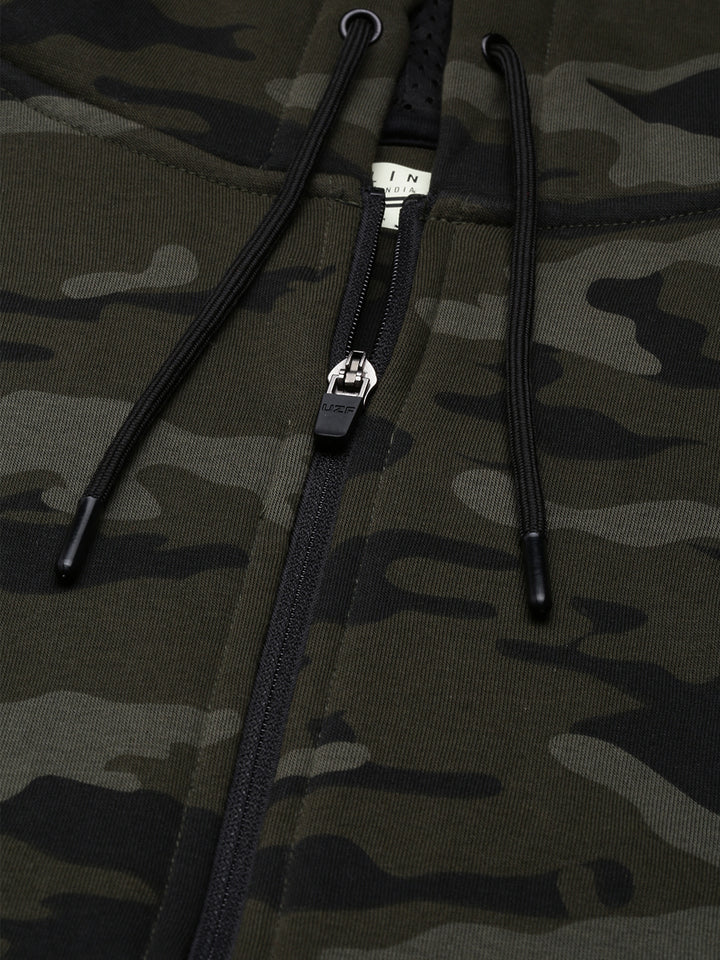 Men's Olive Front Open Hoodie Sweatshirt with All Over Print and Placed Sleeve Print and Branding Detail